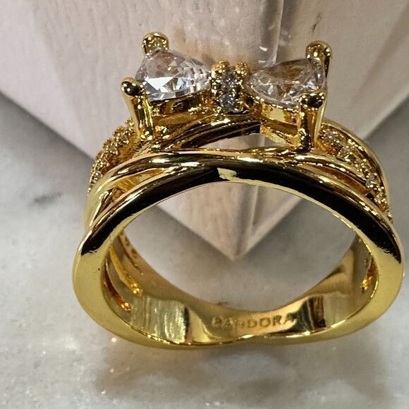 Genuine PANDORA 14k Plated Sparkling Bow Crossover Ring 163511C01 Size 6 - Picture 3 of 9